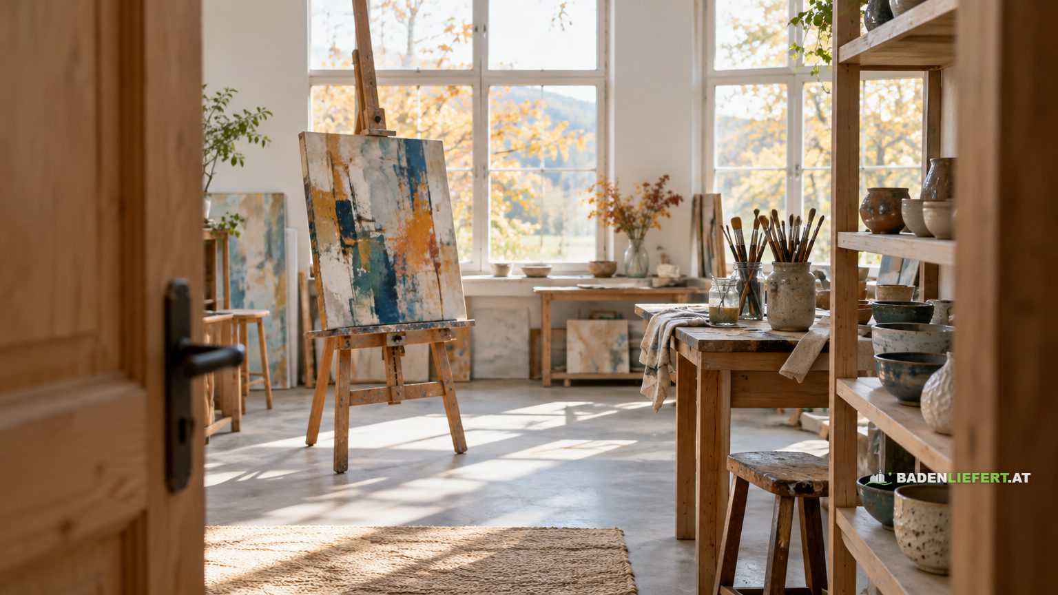 Symbolbild: Blick durch eine offene Holztür in ein helles Atelier mit Staffelei, Pinseln und Keramikschalen im Herbstlicht