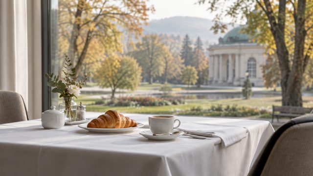 Symbolbild: ein gedeckter Frühstückstisch mit Croissant und Kaffee an einem Fenster, draußen ein herbstlicher Park mit einem Pavillon