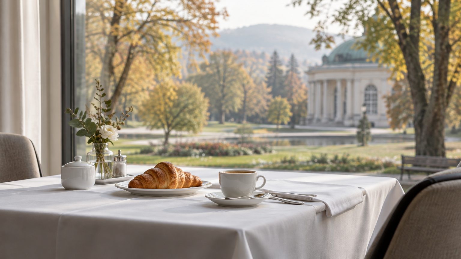 Symbolbild: ein gedeckter Frühstückstisch mit Croissant und Kaffee an einem Fenster, draußen ein herbstlicher Park mit einem Pavillon