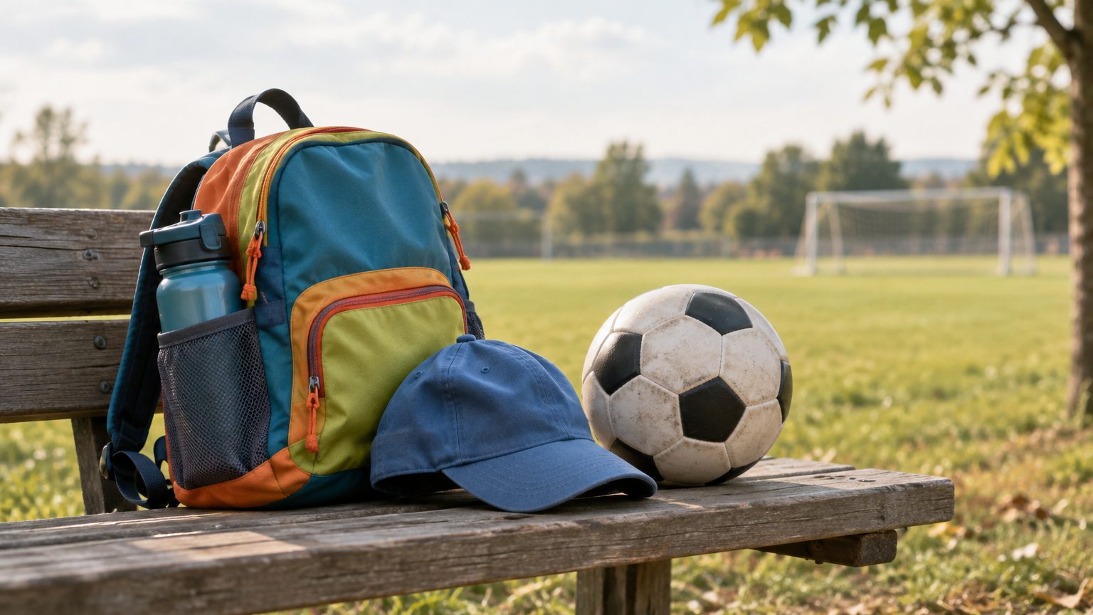Symbolbild: bunter Kinderrucksack mit Trinkflasche, Kappe und Fußball auf einer Holzbank vor einer Sportwiese