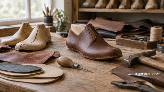 Symbolbild: Werkbank einer Schuhwerkstatt mit Holzleisten, Leder, Ahle, Hammer und halbfertigem Schuh