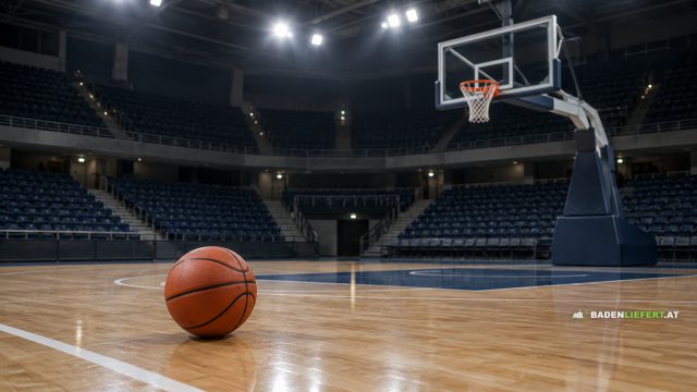 Symbolbild: leere Basketballhalle mit Korb und einem Ball auf dem Parkett, keine Aufnahme des Lions Dome