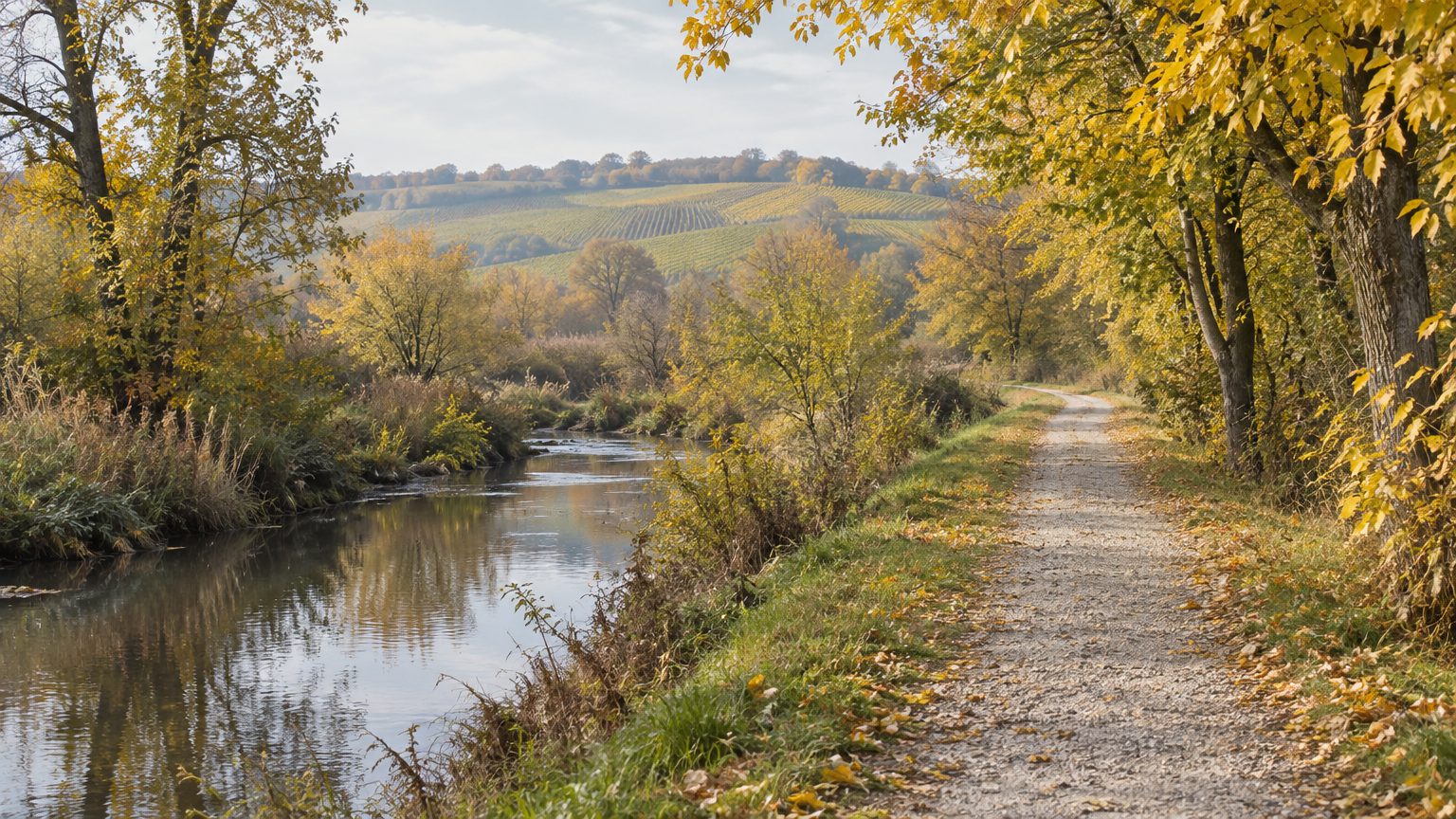 Symbolbild: ein schmaler Schotterweg führt im Herbstlicht am Ufer eines ruhigen Baches entlang, rechts Laubbäume mit gelbem Laub, im Hintergrund sanfte Hügel mit Weingärten