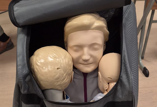 Drei Übungspuppen für Wiederbelebung in einer grauen Tasche: ein Erwachsener, ein Kind und ein Säugling