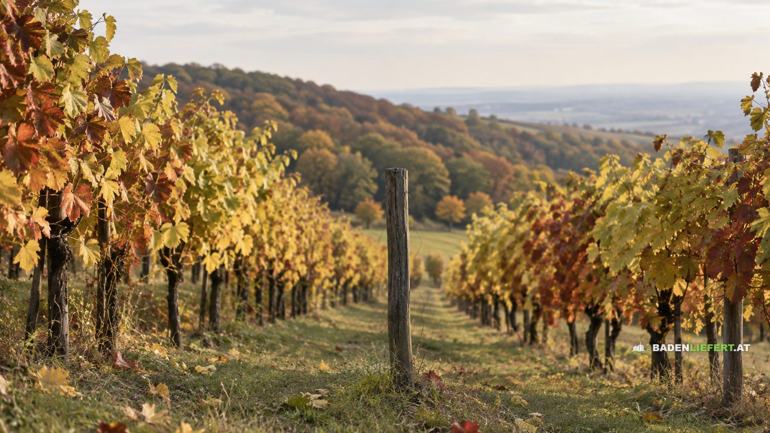 Symbolbild: herbstliche Weingartenreihen am Waldrand mit einem Holzpflock in der Mitte