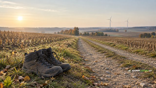 Symbolbild: Wanderschuhe am Rand eines Feldwegs zwischen abgeernteten Äckern, Windräder in der Ferne