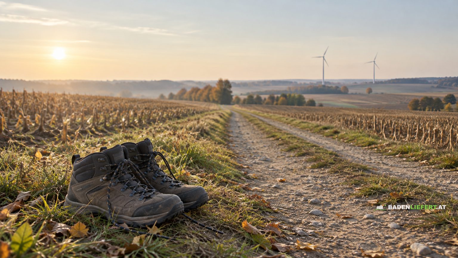 Symbolbild: Wanderschuhe am Rand eines Feldwegs zwischen abgeernteten Äckern, Windräder in der Ferne