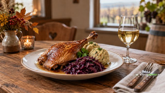 Symbolbild: Teller mit Gansl, Rotkraut und Knödeln auf einem Holztisch, daneben ein Glas Weißwein