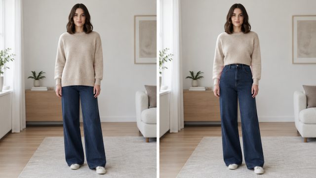 Vorher-nachher-Symbolbild: dieselbe Frau in beigem Pullover und weiter dunkler Jeans, links fällt der Pullover hüftlang, rechts endet er auf Taillenhöhe am Hosenbund