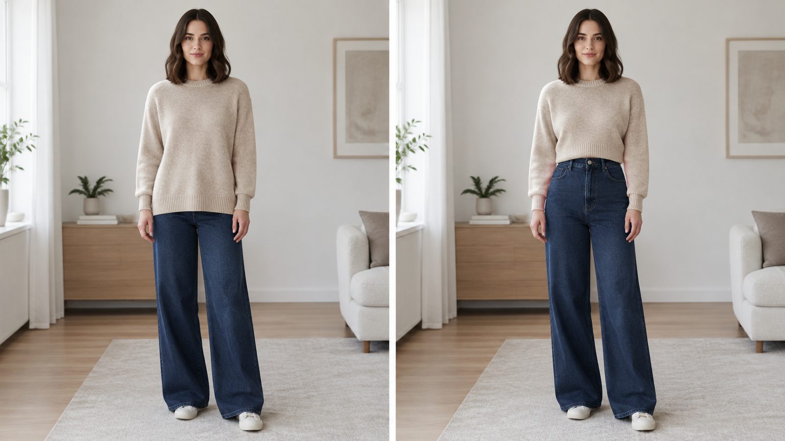 Vorher-nachher-Symbolbild: dieselbe Frau in beigem Pullover und weiter dunkler Jeans, links fällt der Pullover hüftlang, rechts endet er auf Taillenhöhe am Hosenbund