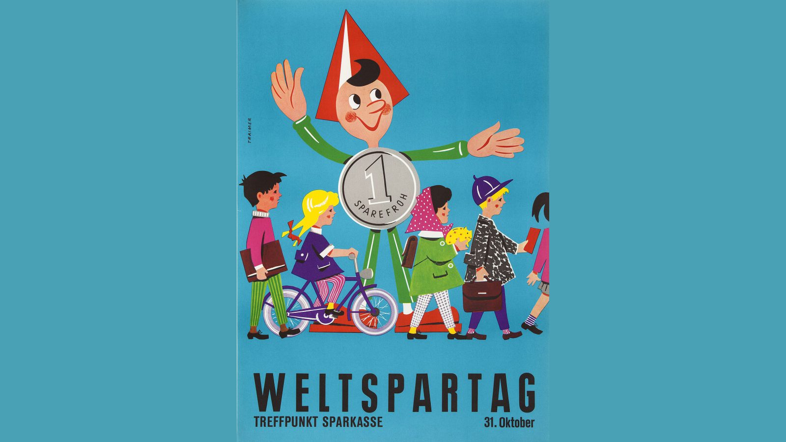 Altes Weltspartag-Plakat: Der Sparefroh mit roter Mütze und Münze als Bauch winkt Kindern mit Sparschwein, Schultasche und Fahrrad zu