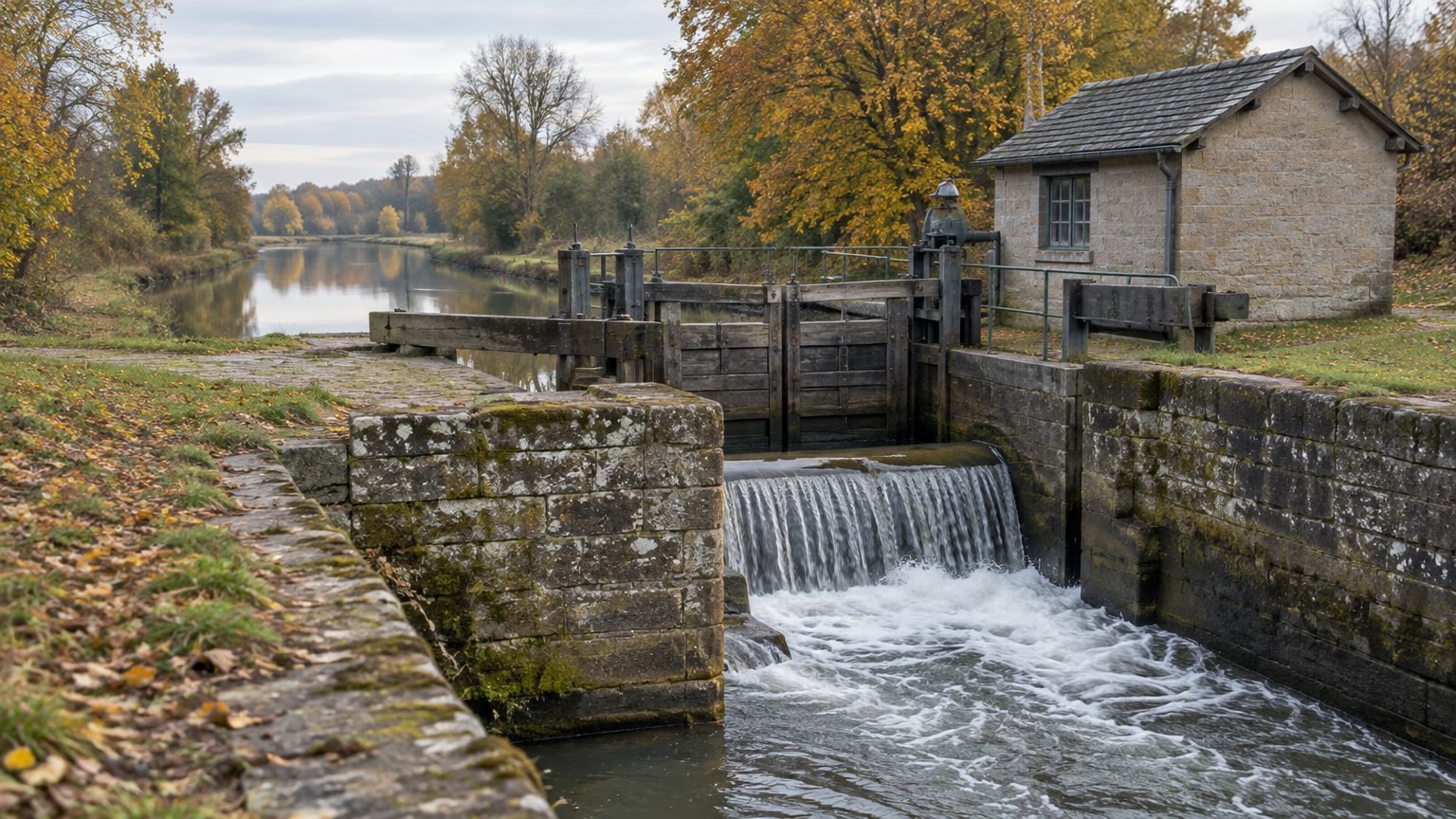 Symbolbild: alte gemauerte Kanalschleuse mit Holztoren, Wasser stürzt über eine Stufe, daneben ein kleines Steinhaus