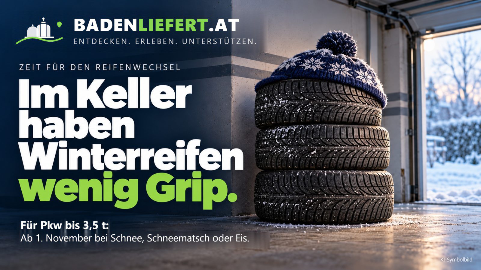 KI-Symbolbild: drei gestapelte Winterreifen mit Wollhaube in einer Garage, daneben der Satz „Im Keller haben Winterreifen wenig Grip."