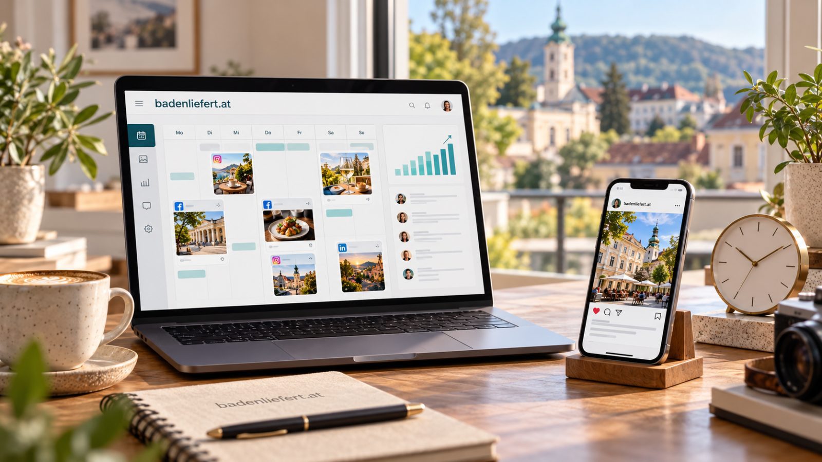 Schreibtisch mit Laptop, auf dem ein Redaktionsplan für soziale Netzwerke zu sehen ist, daneben ein Mobiltelefon mit einem Beitrag