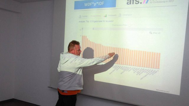 Ein Vortragender steht vor einer Projektionswand und zeigt auf ein Balkendiagramm einer Suchbegriff-Analyse