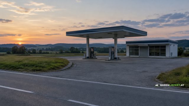 KI-generiertes Symbolbild: leere, geschlossene Landtankstelle ohne Markennamen an einer Landstraße in der Abenddämmerung