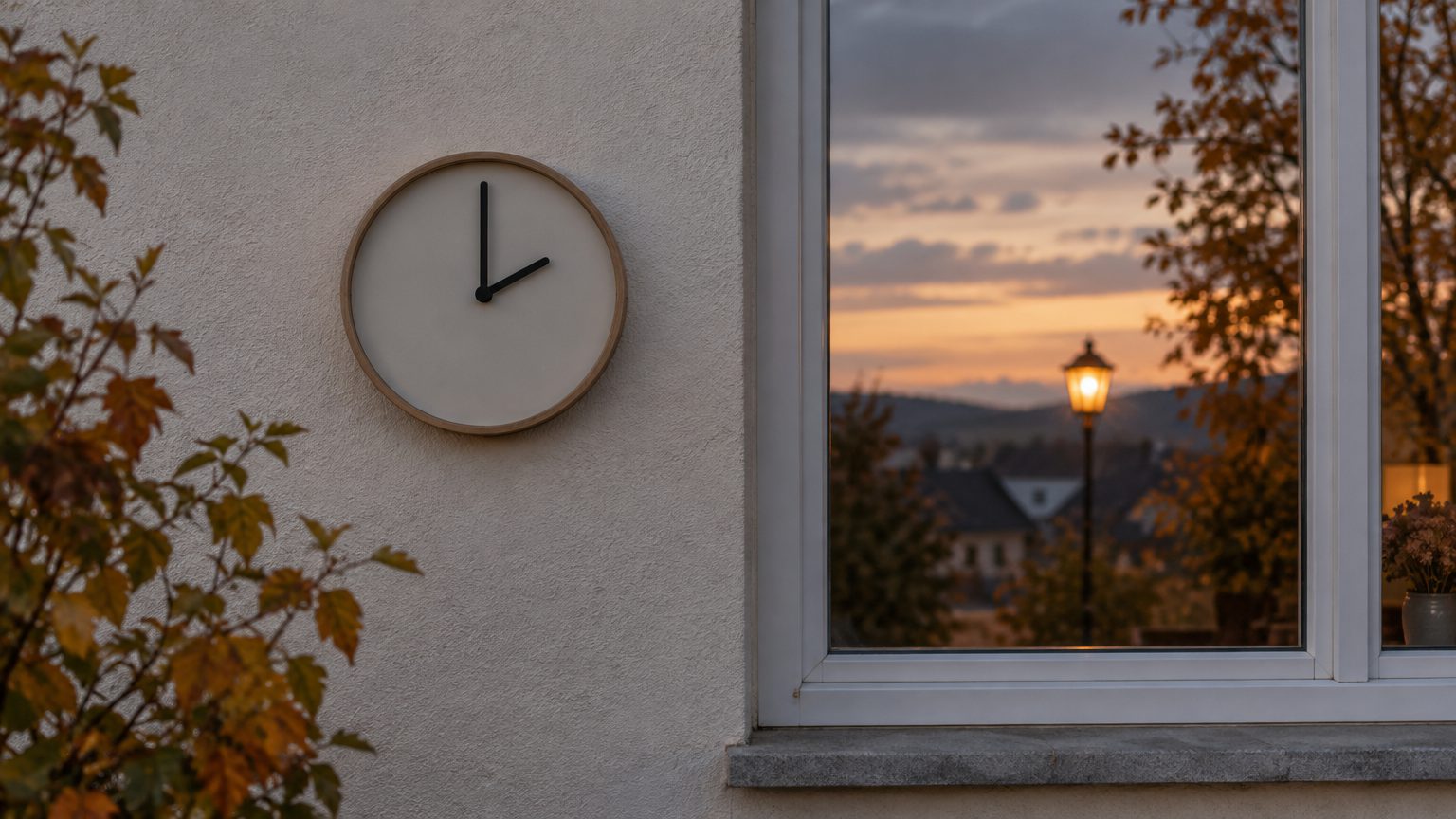 Symbolbild: eine runde Wanduhr ohne Ziffern an einer hellen Hauswand, daneben ein Fenster mit Blick auf eine Laterne in der herbstlichen Abenddämmerung