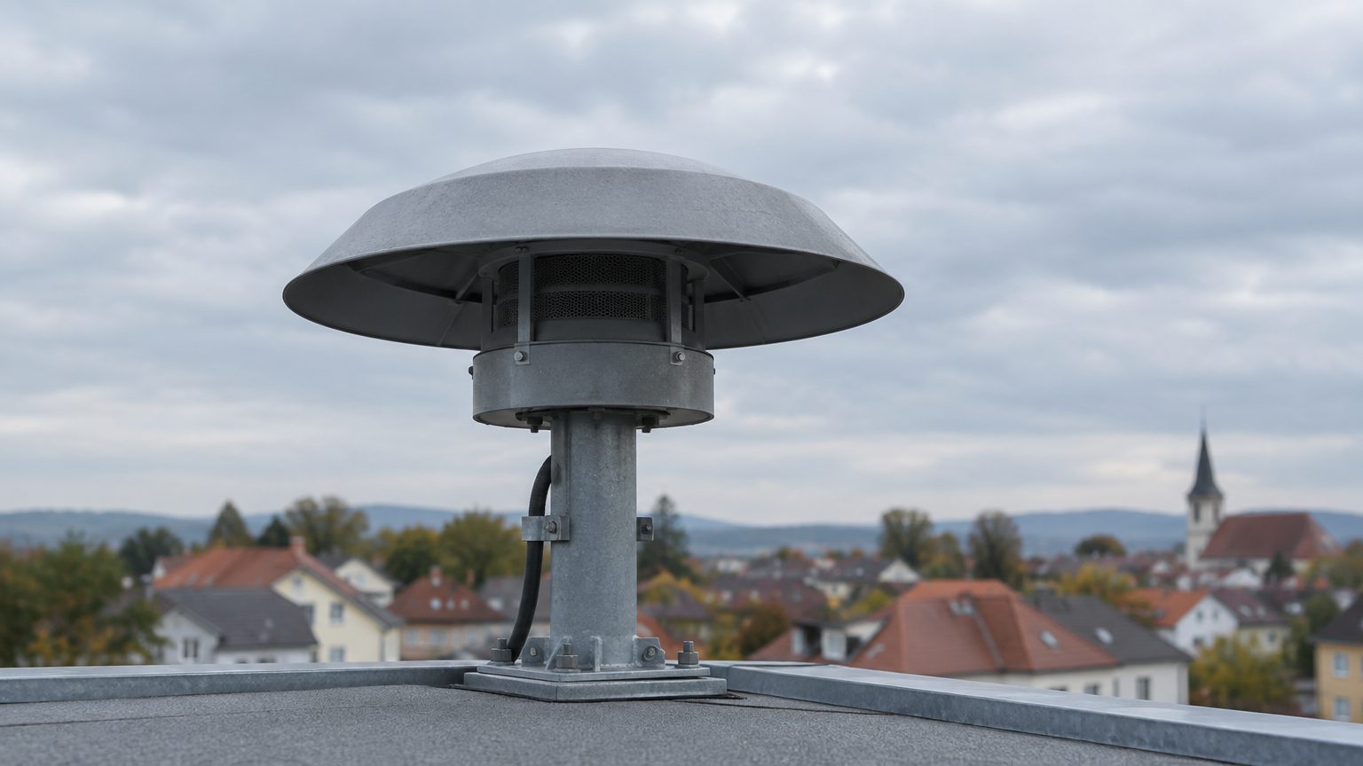 Symbolbild: eine graue Rundum-Zivilschutzsirene auf einem Flachdach, im Hintergrund Hausdächer und ein Kirchturm