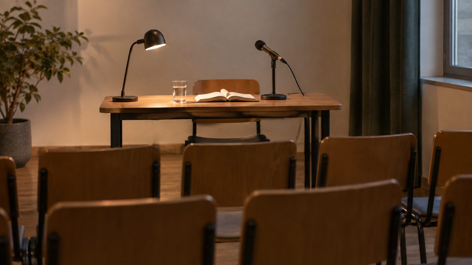 Symbolbild: ein Lesetisch mit Leselampe, aufgeschlagenem Buch, Wasserglas und Mikrofon vor leeren Stuhlreihen in einem kleinen Saal