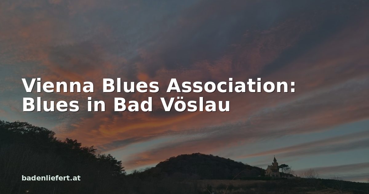 Titelbild: Abendhimmel über den Weingärten in Bad Vöslau, darüber der Schriftzug „Vienna Blues Association: Blues in Bad Vöslau“