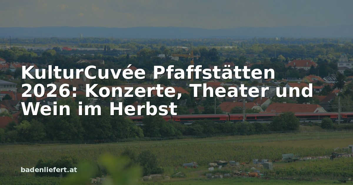 Titelbild: Blick aus den Weingärten bei Pfaffstätten, darüber der Schriftzug „KulturCuvée Pfaffstätten 2026: Konzerte, Theater und Wein im Herbst“