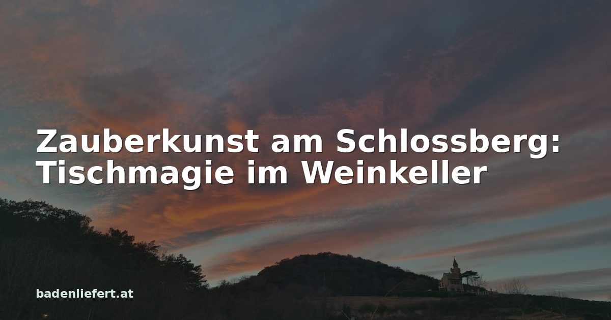 Titelbild: Abendhimmel über den Weingärten in Bad Vöslau, darüber der Schriftzug „Zauberkunst am Schlossberg: Tischmagie im Weinkeller“