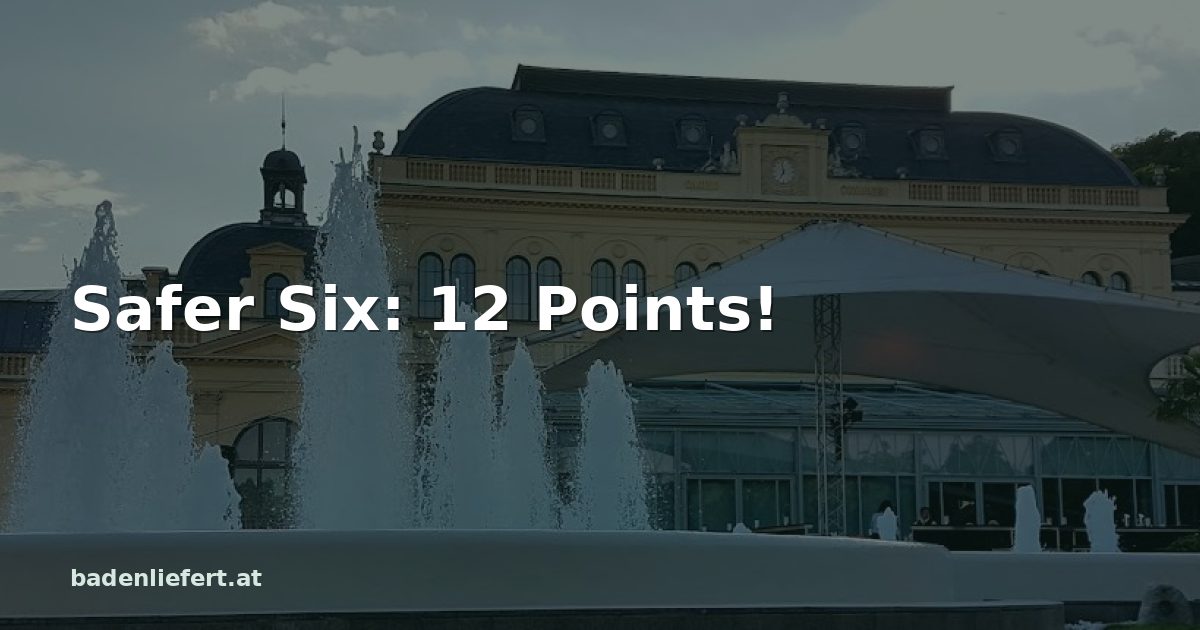 Titelbild: Kurpark Baden, darüber der Schriftzug „Safer Six: 12 Points!“