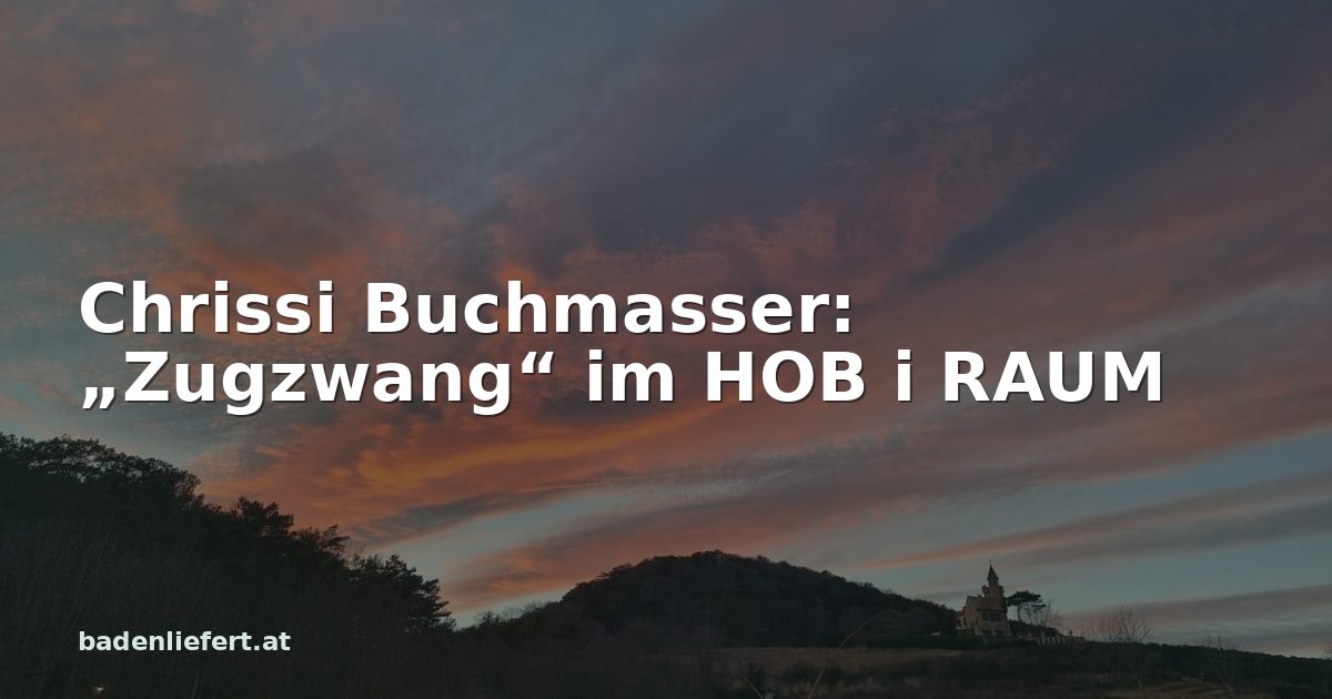 Titelbild: Abendhimmel über den Weingärten in Bad Vöslau, darüber der Schriftzug „Chrissi Buchmasser: „Zugzwang“ im HOB i RAUM“