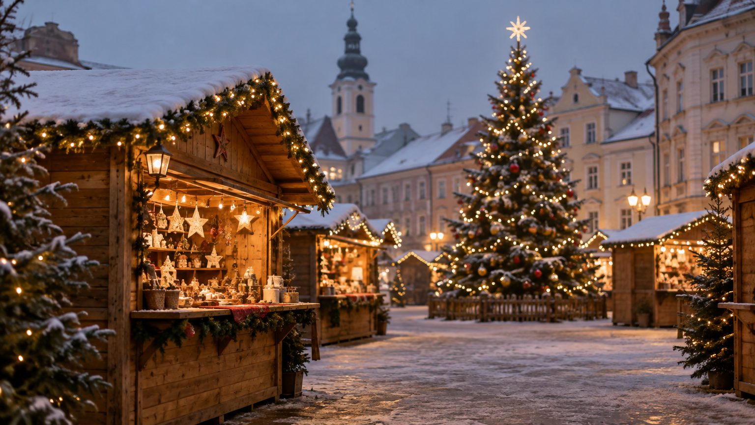 Symbolbild: beleuchtete Standhütten eines Adventmarktes am Abend, daneben ein geschmückter Christbaum