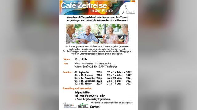 Einladung zum Café Zeitreise in der Pfarre St. Margaretha Traiskirchen: vier ältere Menschen an einem Kaffeetisch, darunter die Termine von September 2026 bis Juni 2027