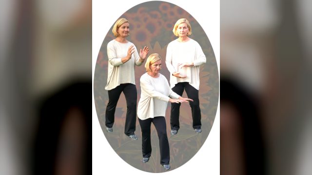 Andrea Sumasgutner in hellem Pullover und schwarzer Hose, dreimal in verschiedenen Qi-Gong-Haltungen vor einem Hintergrund aus Sonnenblumen