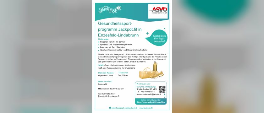 Flyer Gesundheitssportprogramm Jackpot.fit in Enzesfeld-Lindabrunn mit ASVÖ-Logo, Zielgruppe, Trainingszeit und Hinweis auf das kostenlose Einstiegssemester