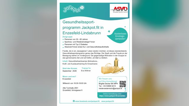 Flyer Gesundheitssportprogramm Jackpot.fit in Enzesfeld-Lindabrunn mit ASVÖ-Logo, Zielgruppe, Trainingszeit und Hinweis auf das kostenlose Einstiegssemester