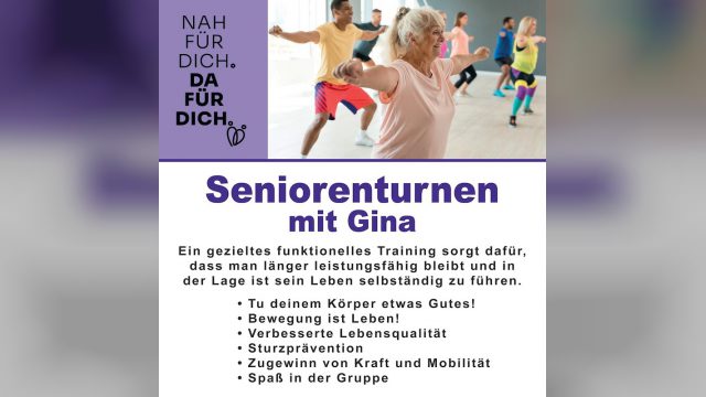 Plakat Seniorenturnen mit Gina: ältere Frau beim Training in einer Gruppe, darunter die Schwerpunkte wie Sturzprävention und Zugewinn von Kraft und Mobilität