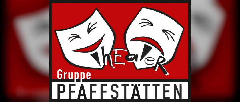 Logo der Theatergruppe Pfaffstätten: eine lachende und eine weinende Theatermaske auf rotem Grund, darunter der Schriftzug Gruppe Pfaffstätten
