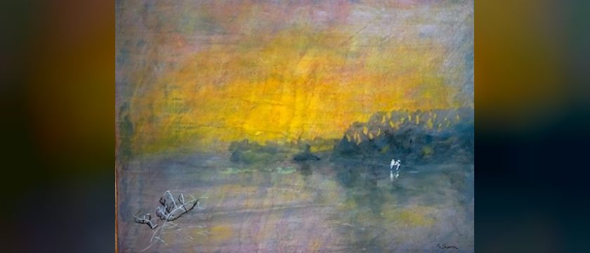 Gemälde von Rudolf Scheer: Wasserlandschaft im gelben Abendlicht mit zwei weißen Vögeln und einem Ast im Vordergrund