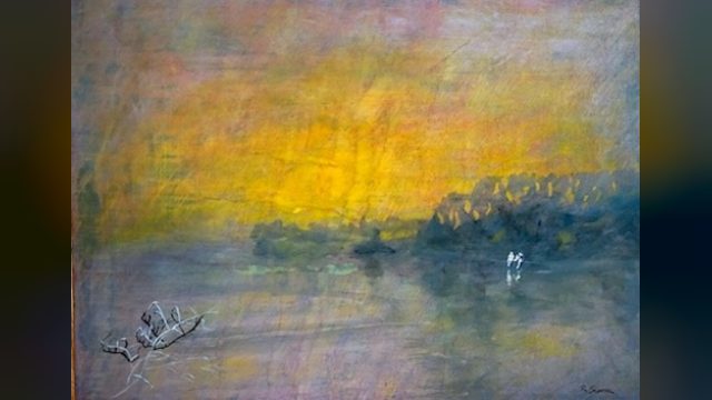 Gemälde von Rudolf Scheer: Wasserlandschaft im gelben Abendlicht mit zwei weißen Vögeln und einem Ast im Vordergrund