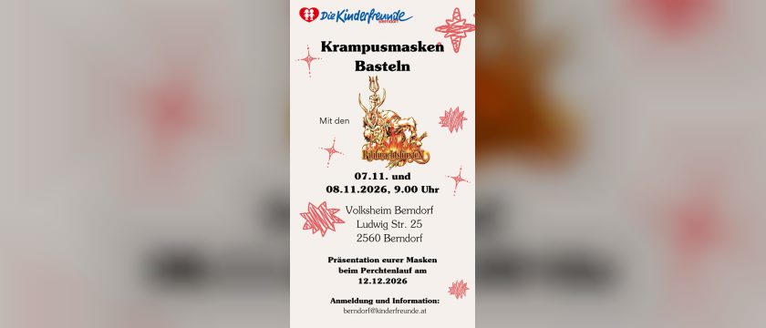 Plakat der Kinderfreunde Berndorf: Krampusmasken basteln mit den Rauhnachtsfürsten, 7. und 8. November 2026, 9 Uhr, Volksheim Berndorf