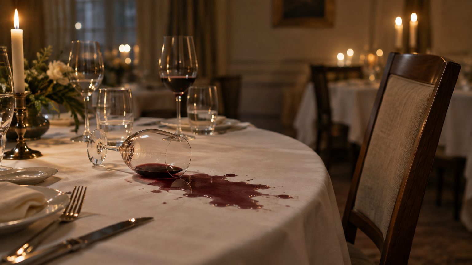 Symbolbild: ein festlich gedeckter Tisch bei Kerzenlicht, ein umgefallenes Weinglas und ein Rotweinfleck auf dem Tischtuch