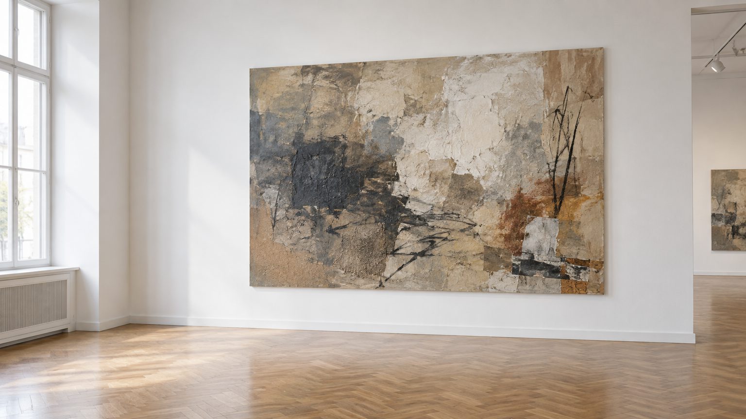 Symbolbild: ein großformatiges abstraktes Bild in Erdtönen an der weißen Wand eines hellen Ausstellungsraums mit Fischgrätparkett