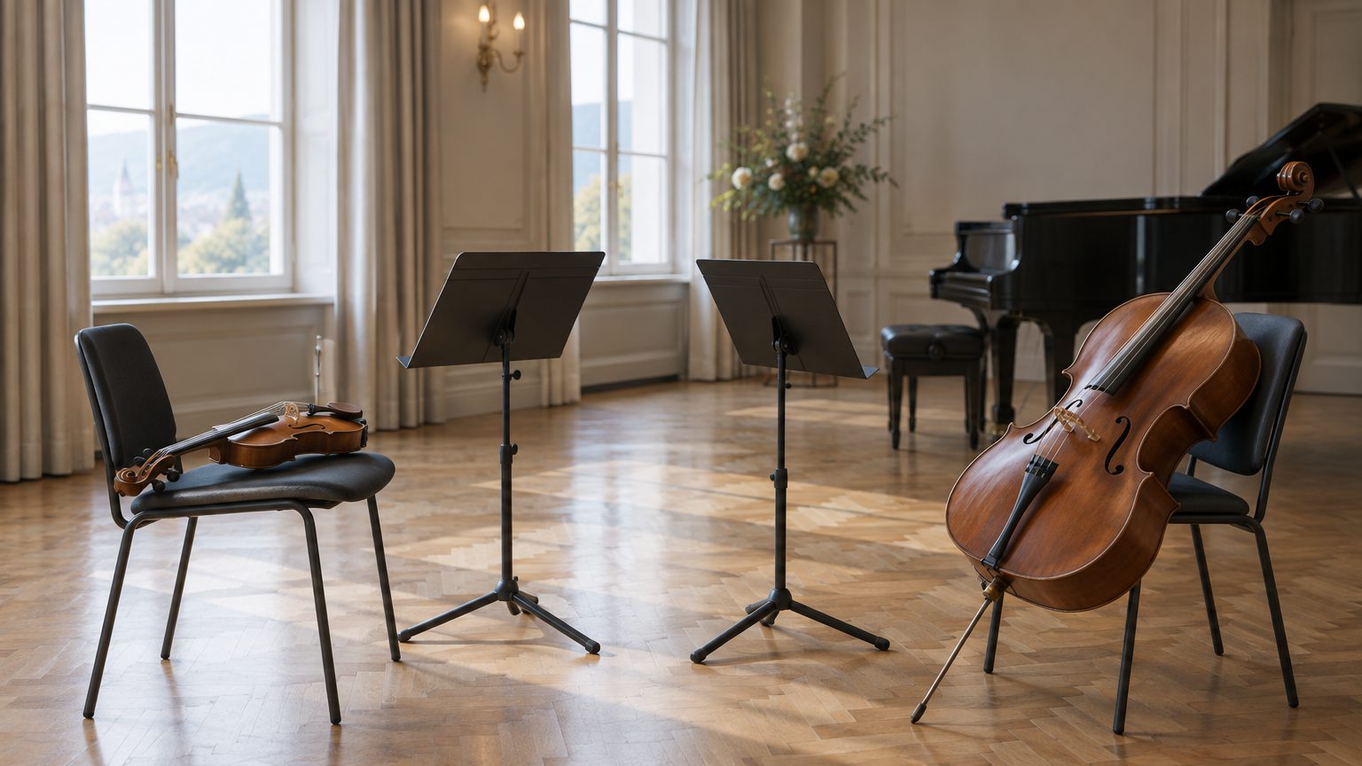 Symbolbild: Violine und Violoncello auf Stühlen vor leeren Notenpulten in einem hellen Saal, im Hintergrund ein Flügel