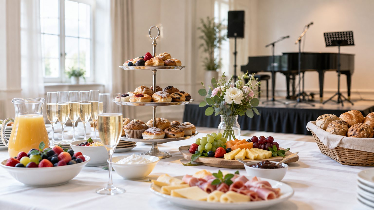 Symbolbild: ein reich gedeckter Brunchtisch mit Etageren, Obst und Sektgläsern in einem hellen Saal, im Hintergrund ein Flügel