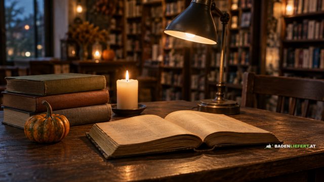 Symbolbild: ein aufgeschlagenes Buch mit Kerze, Leselampe und kleinem Zierkürbis auf einem Holztisch, dahinter unscharf Bücherregale
