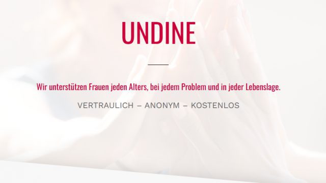 Startbild der Website von UNDINE: der Name in Rot, darunter „Wir unterstützen Frauen jeden Alters, bei jedem Problem und in jeder Lebenslage. Vertraulich – anonym – kostenlos“