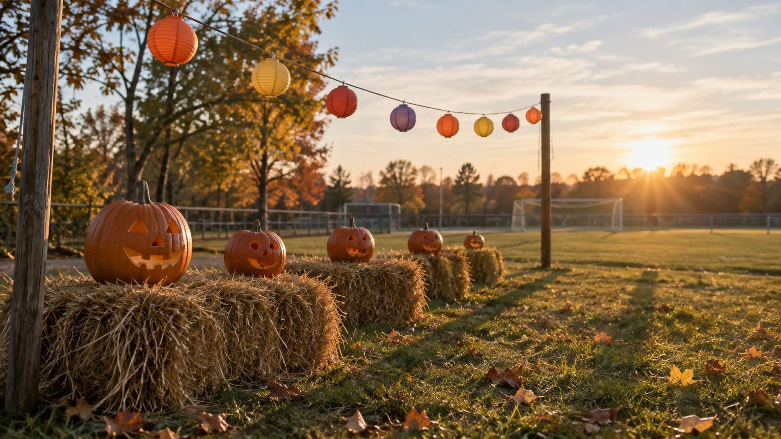 Symbolbild: kleine geschnitzte Kürbisse auf Strohballen am Rand einer Wiese, darüber bunte Papierlampions an einer Schnur, tiefstehende Herbstsonne