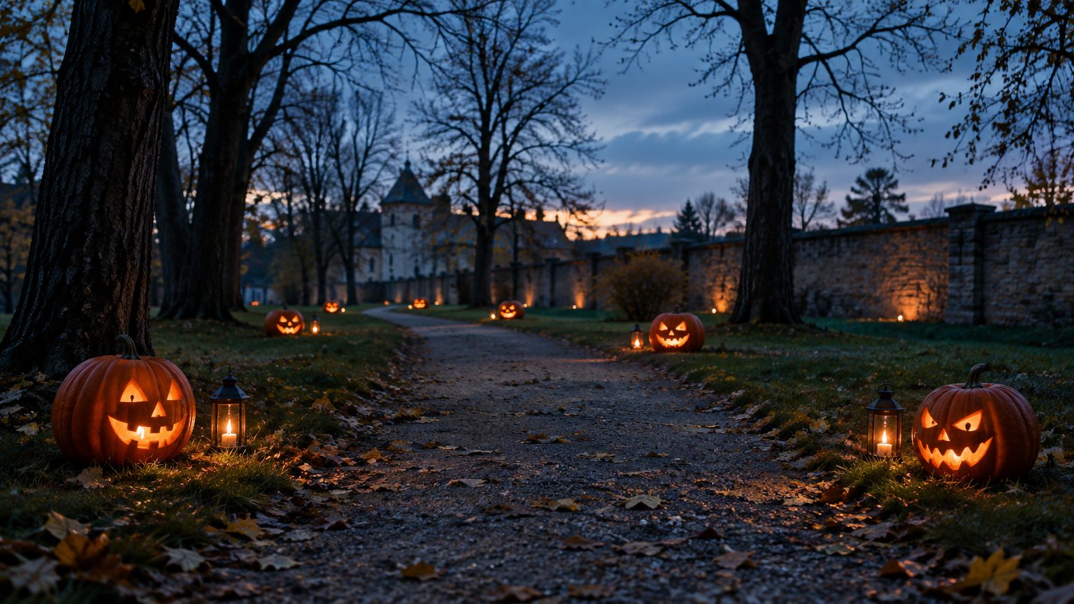 Symbolbild: ein Weg durch einen alten Park in der Dämmerung, links und rechts geschnitzte Kürbisse mit Kerzen, dahinter kahle Bäume und eine Parkmauer