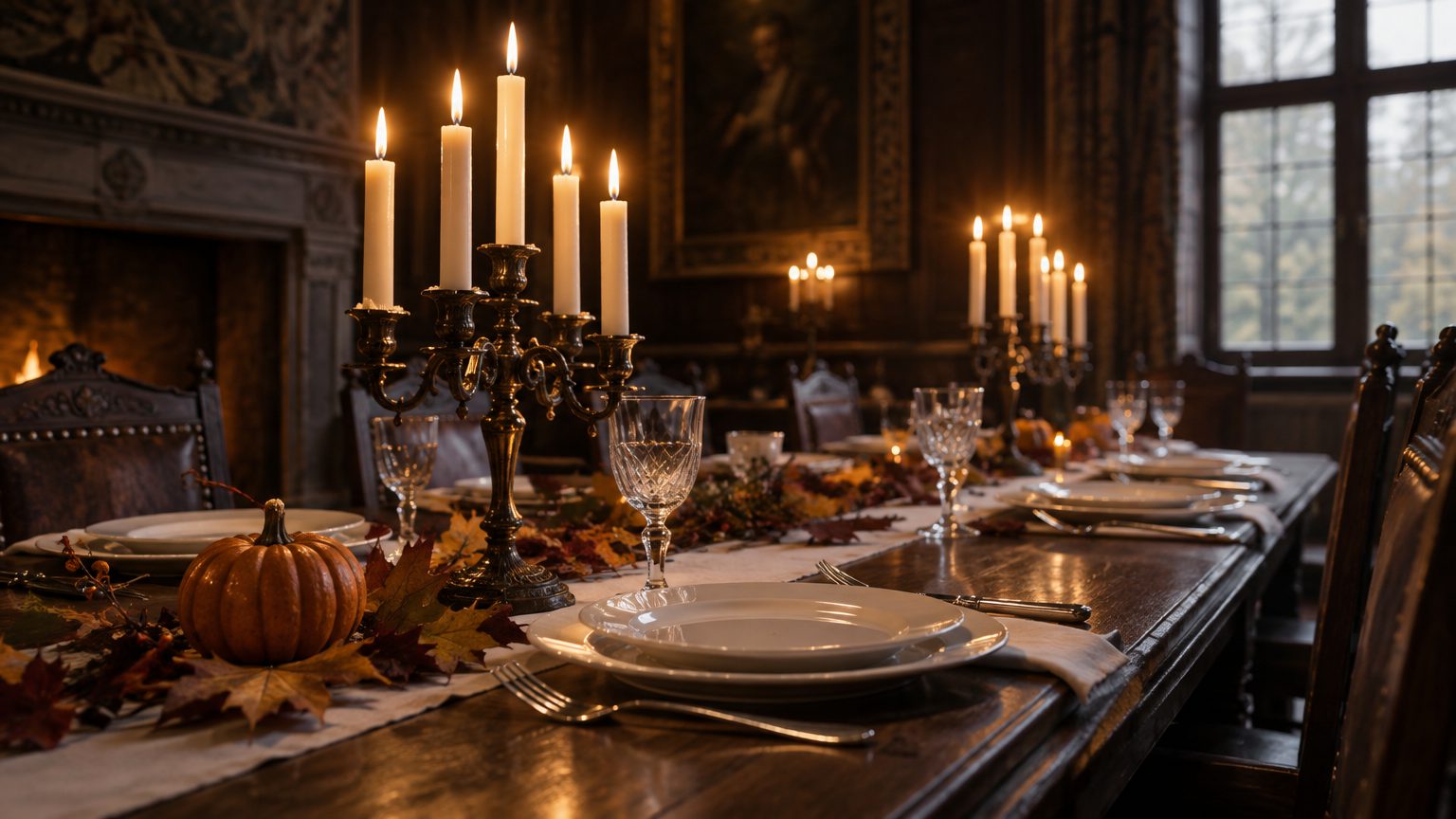 Symbolbild: ein gedeckter Tisch in einem alten Speisesaal bei Kerzenlicht, mit Herbstlaub und einem kleinen Zierkürbis als Tischschmuck
