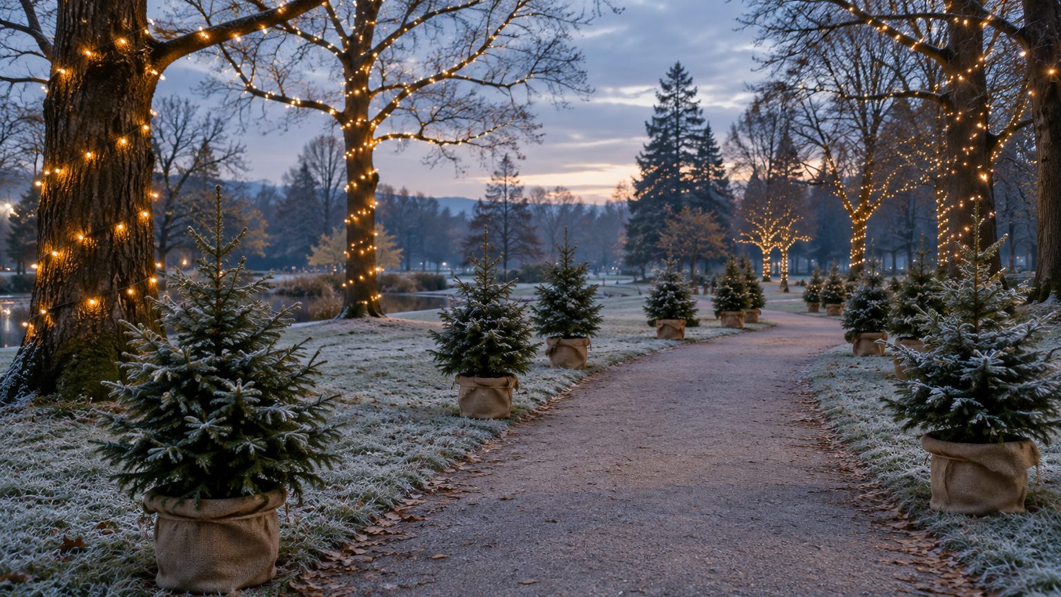 Symbolbild: ein Weg durch einen winterlichen Park in der Dämmerung, kleine Nadelbäume in Jutetöpfen am Rand, an den kahlen Bäumen warme Lichterketten