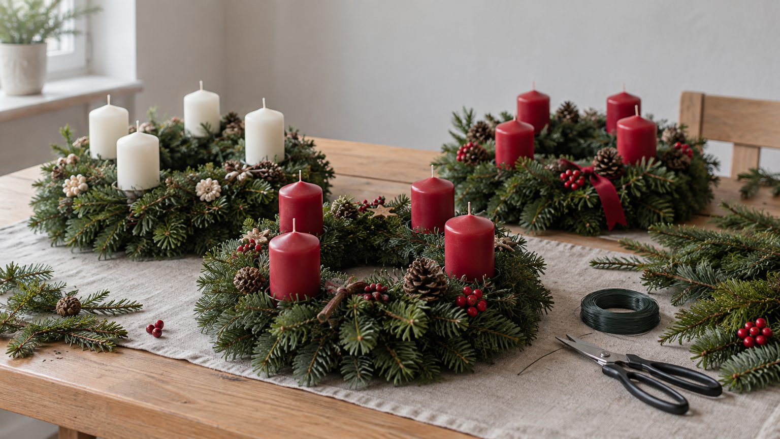 Symbolbild: drei selbst gebundene Adventkränze aus Tannenreisig mit roten und weißen Kerzen auf einem Holztisch, daneben Bindedraht und eine Schere