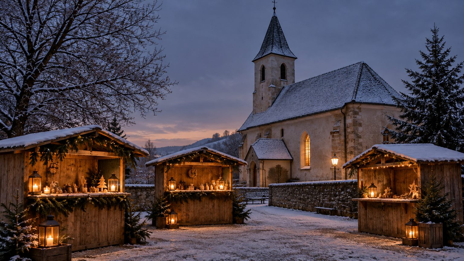 Symbolbild: der verschneite Vorplatz einer kleinen Landkirche am Abend, davor drei hölzerne Marktstände mit Tannenreisig und Windlichtern